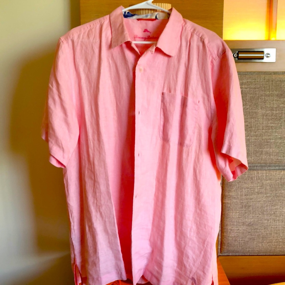 Crisp pink linen shirt by Tommy Bahama. Cool, light fabric for the summer.